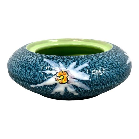 Vintage Signed Italy Blue Ceramic Bowl Planter Floral & Green Interior Flower 6" - Picture 1 of 6